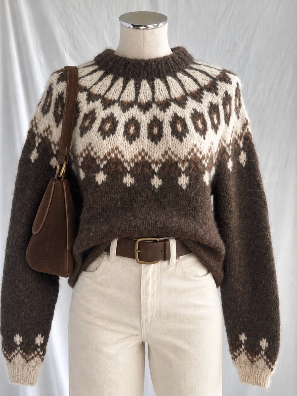 Vintage Nordic Fair Isle Wool Knit Sweater | Brown Cream Icelandic Style | Sz M